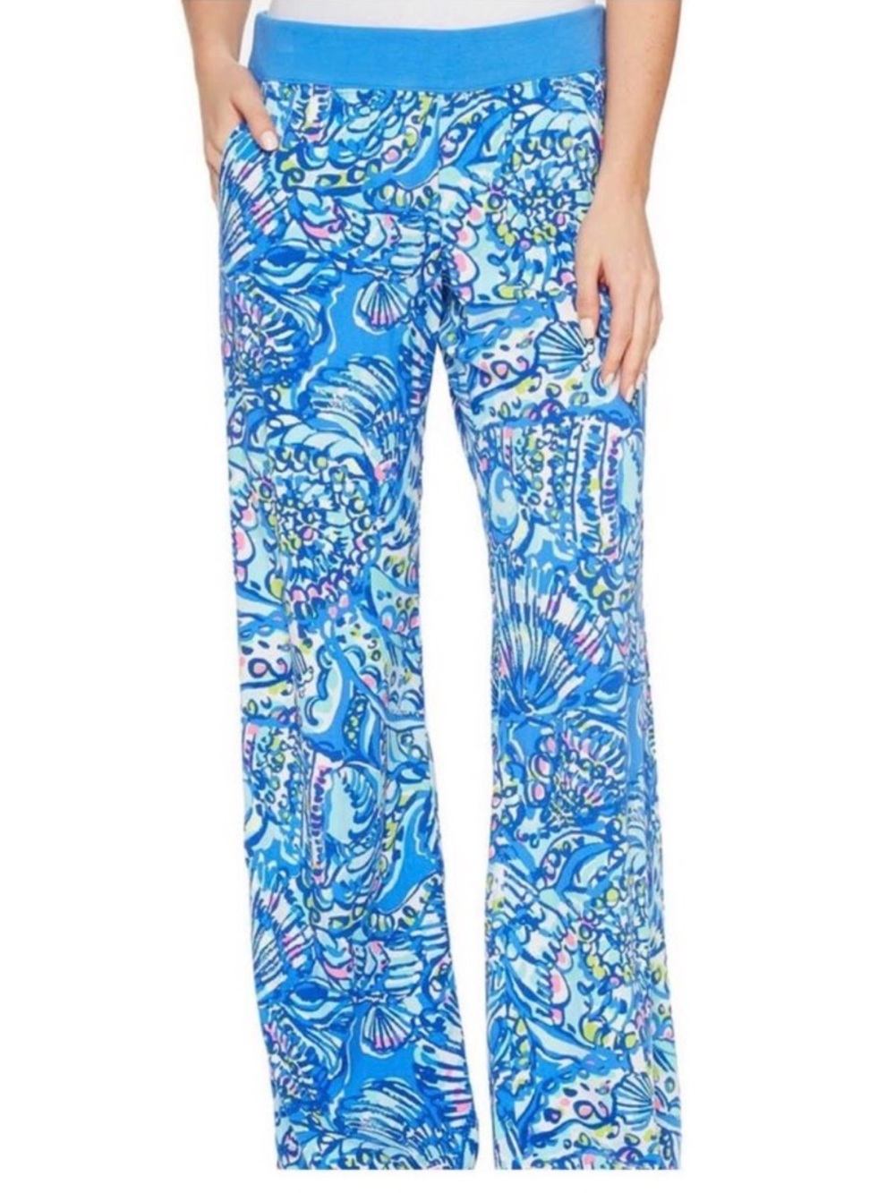 Lilly Pulitzer Seaside Beach Palazzo Pants Blue Ceviche Shells Size L EUC